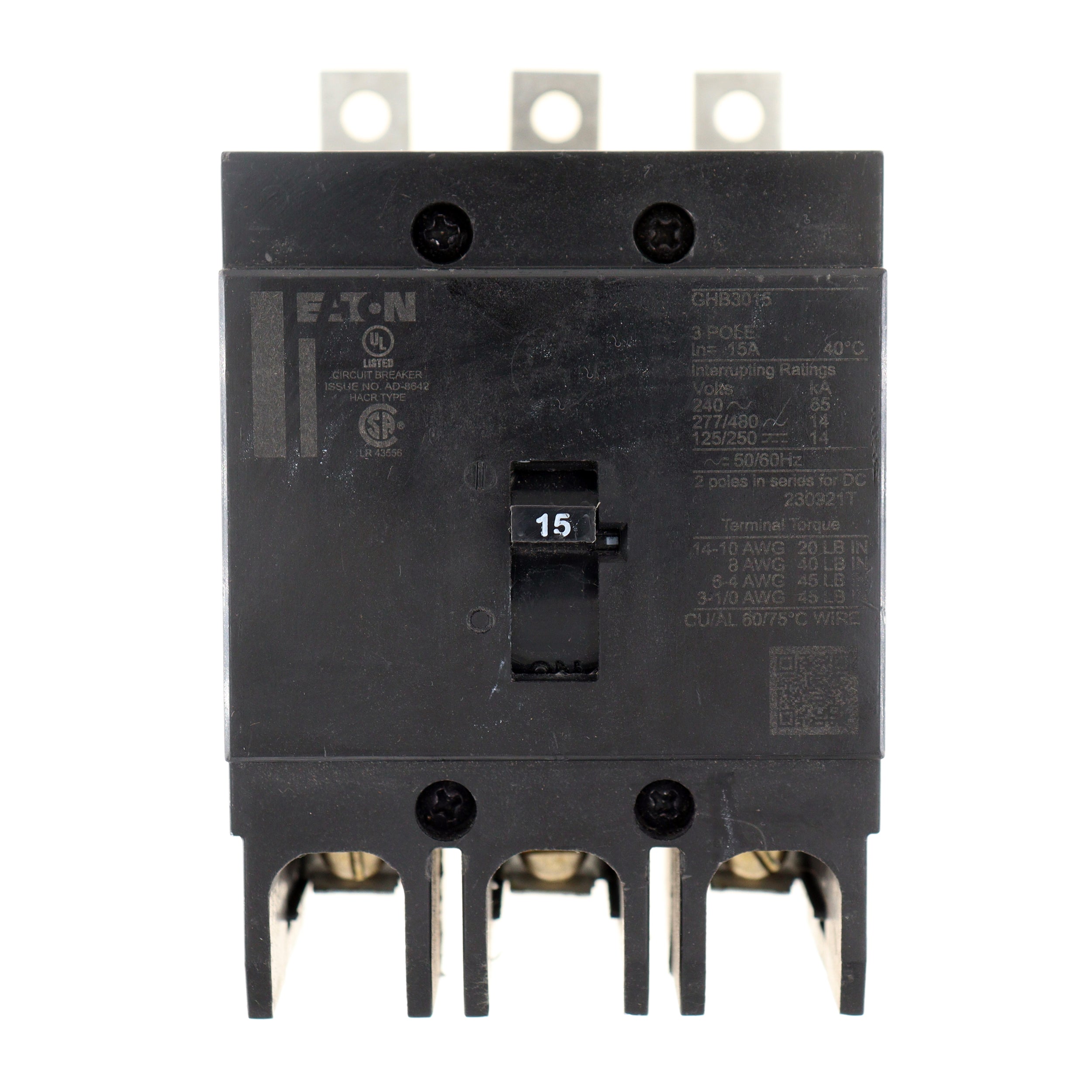 EATON GHB3015 CIRCUIT BREAKER, GHB, 125/250V 240V 277/480V, 3POLE, 15
