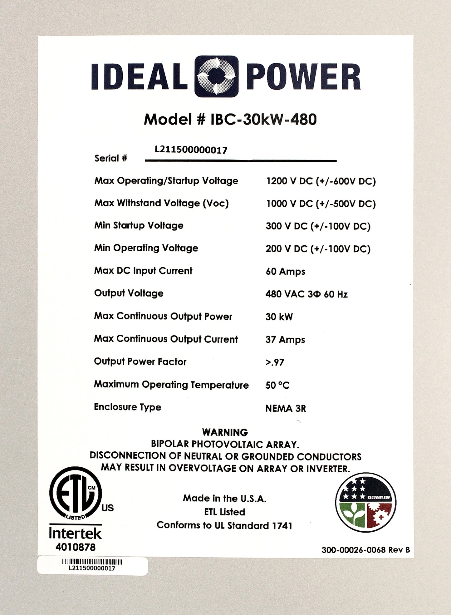 Ideal Power IBC-30KW-480