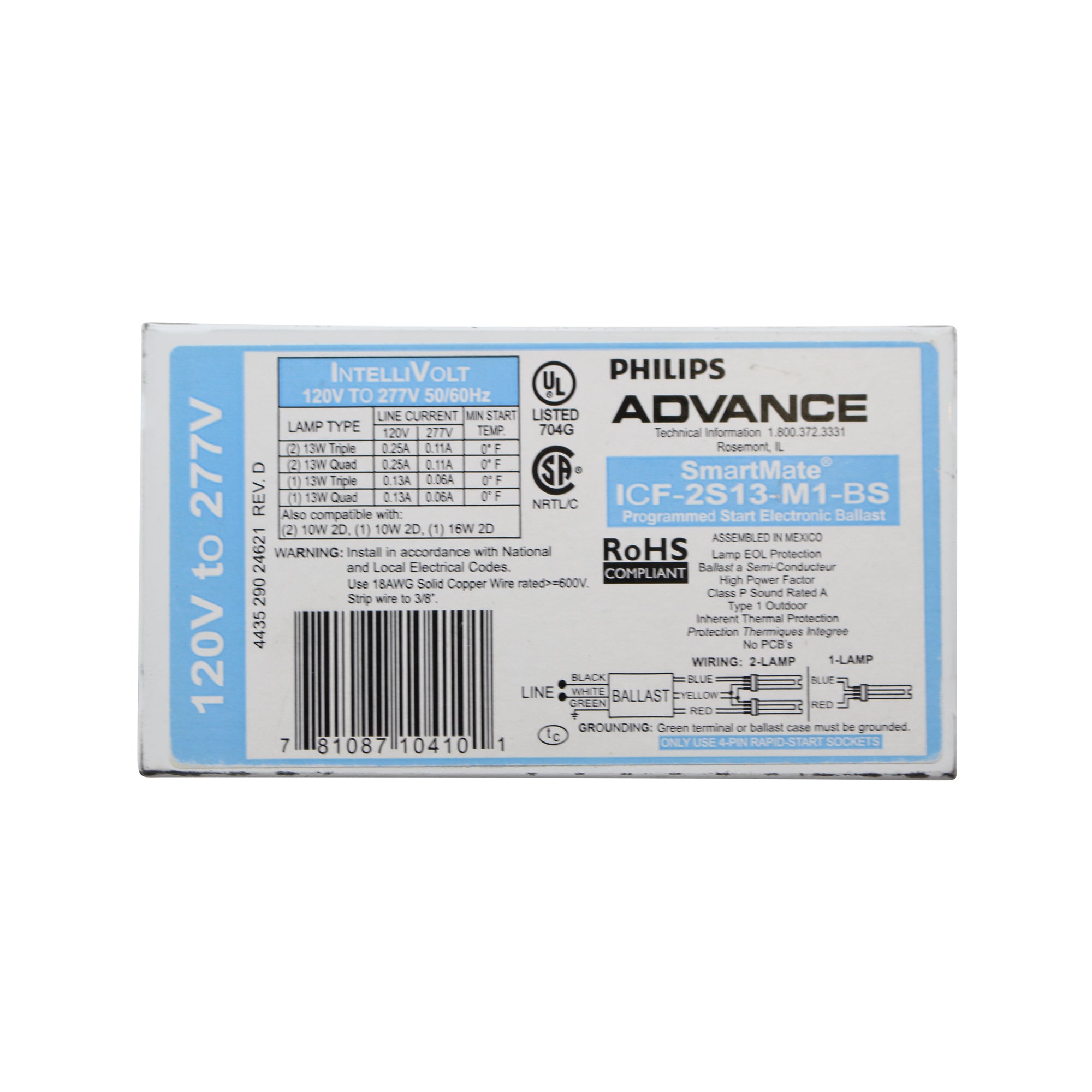 2s13 Philips Advance ICF-2S13-M1-BS Compact Fluorescent Electronic Ballast ...