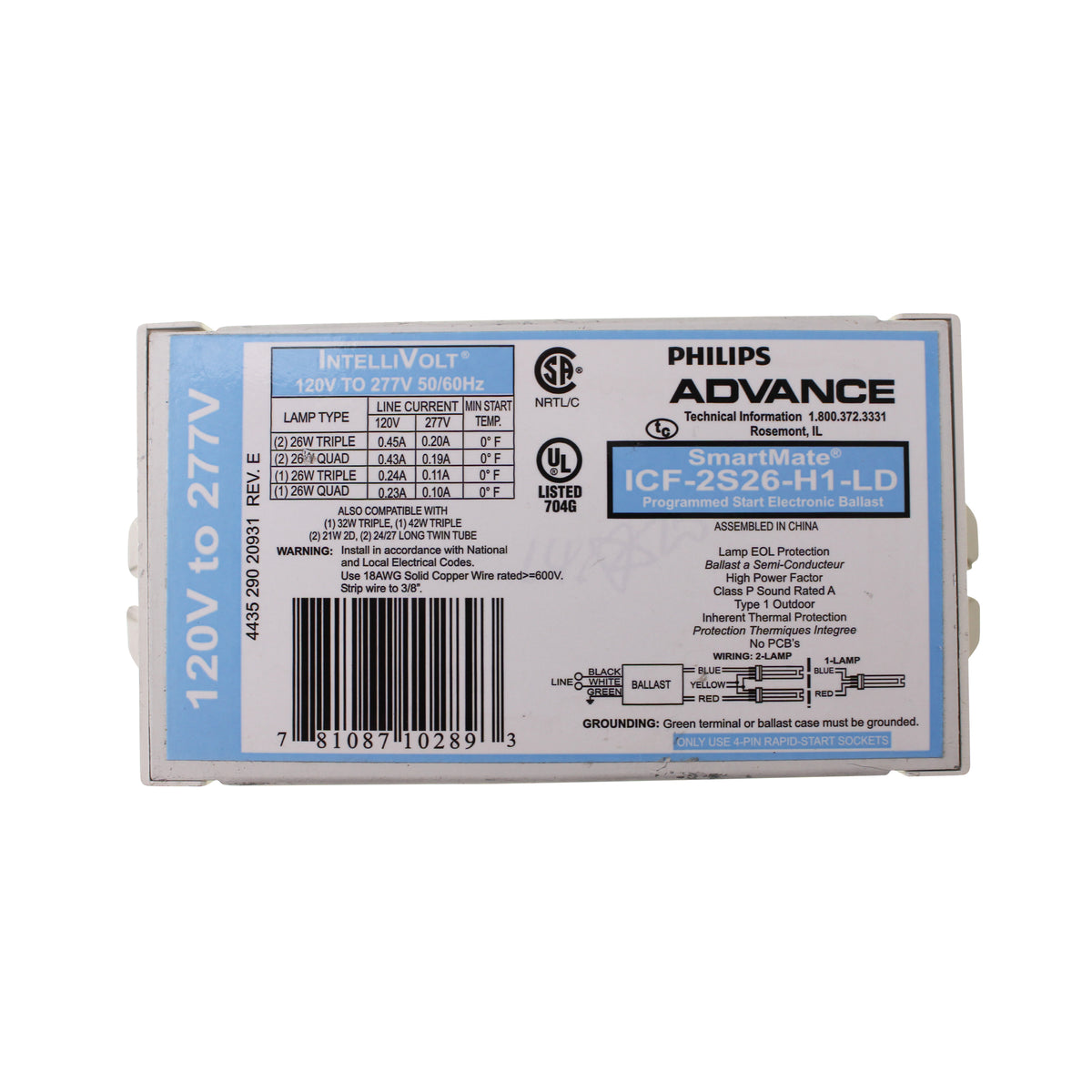 2s13 Advance ICF-2S26-H1-LD Compact Fluorescent Ballast, Cfl, 26W, 2 Lamp ...