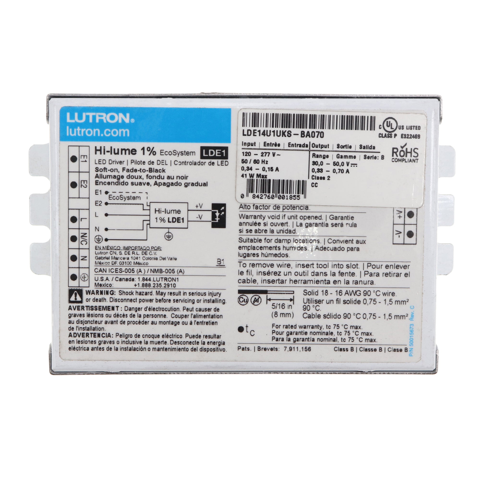 41w Lutron LDE14U1UKS-BA070 Hi-lume Led Driver, Dimming, 41W, 30-50VDC, 12 ...