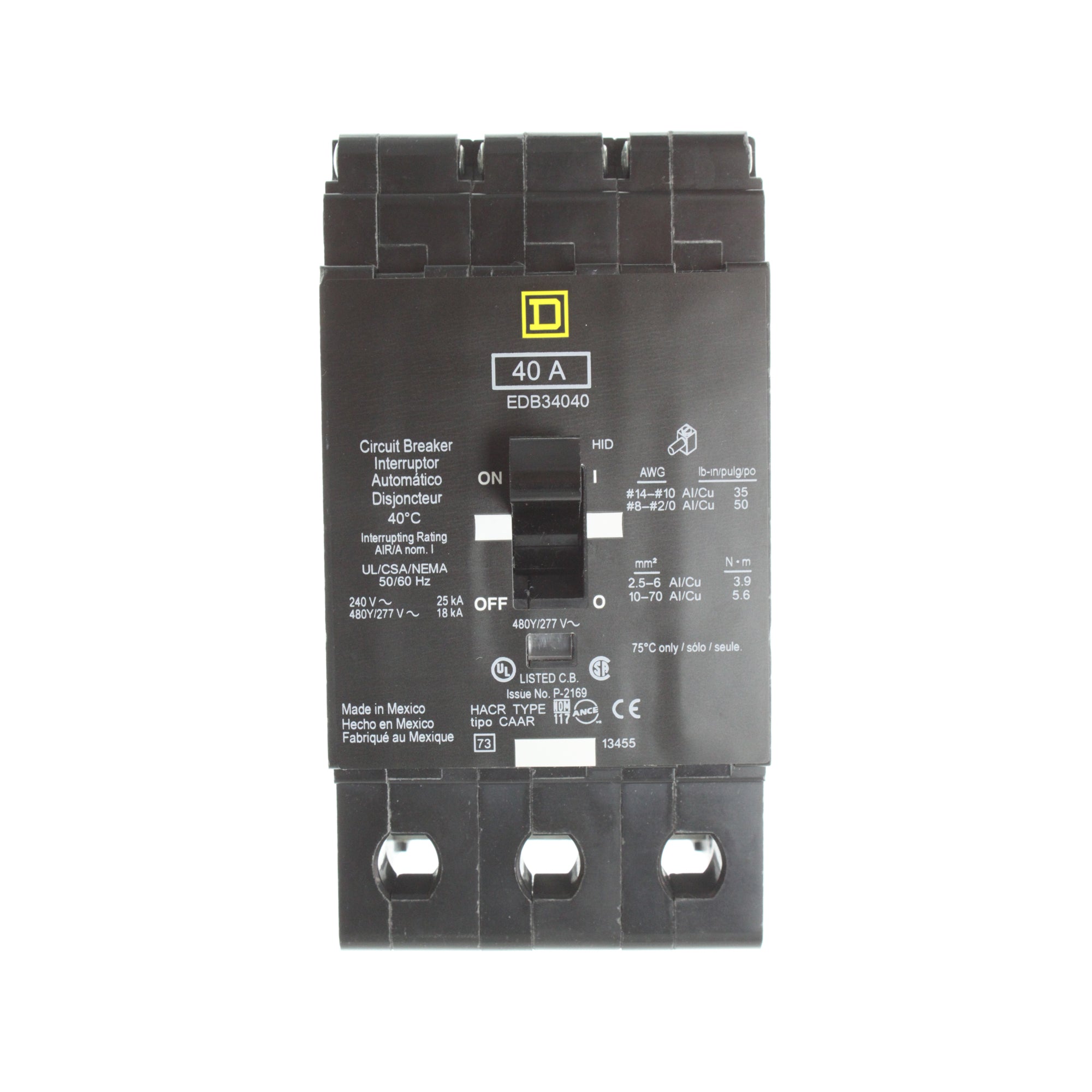 SQUARE D EDB34040 CIRCUIT BREAKER, EDB, 3-POLE, 40-AMP, 480Y/277V ...
