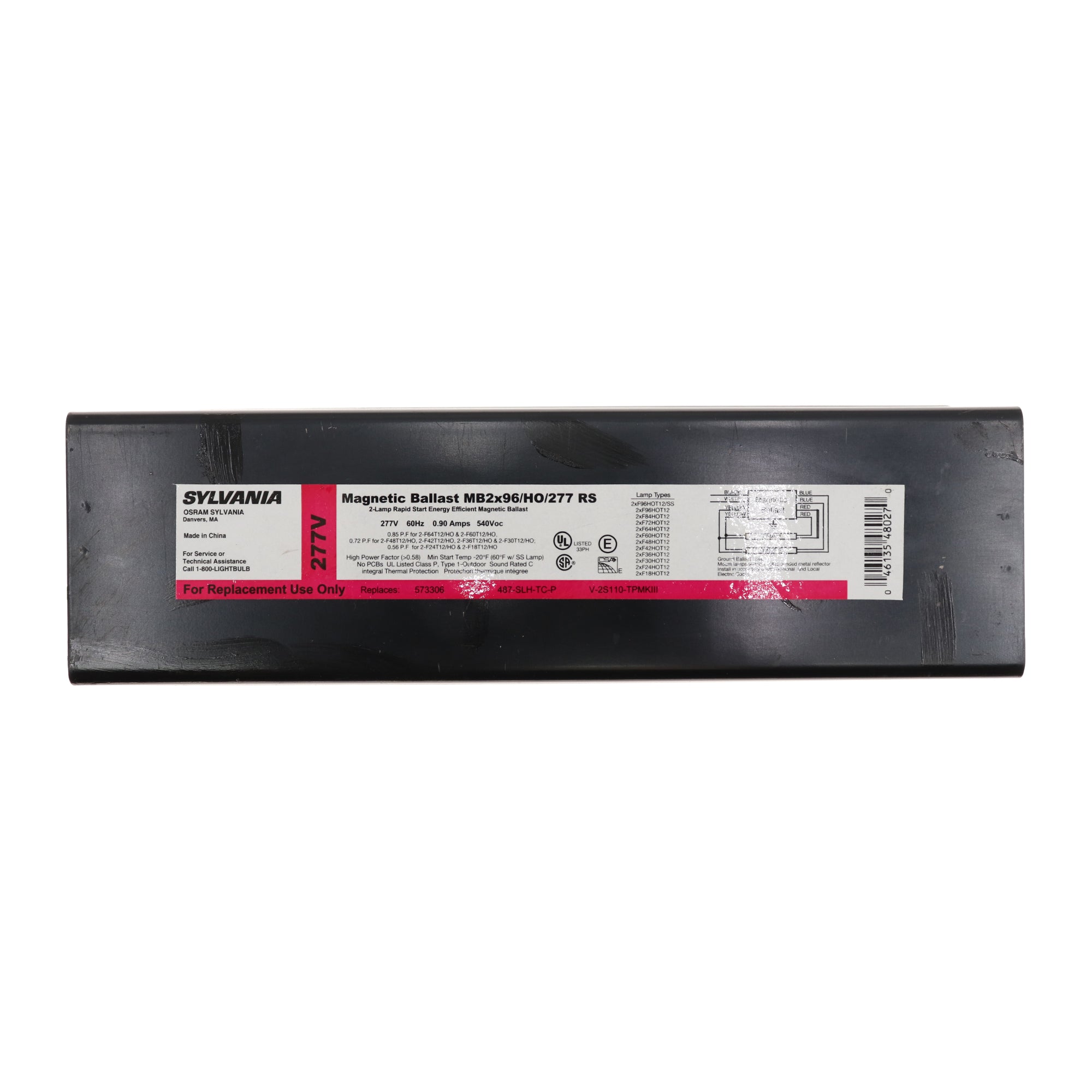 SYLVANIA MB2X96/HO/277RS BALLAST, 2LAMP, F96T12HO, 96W T12H