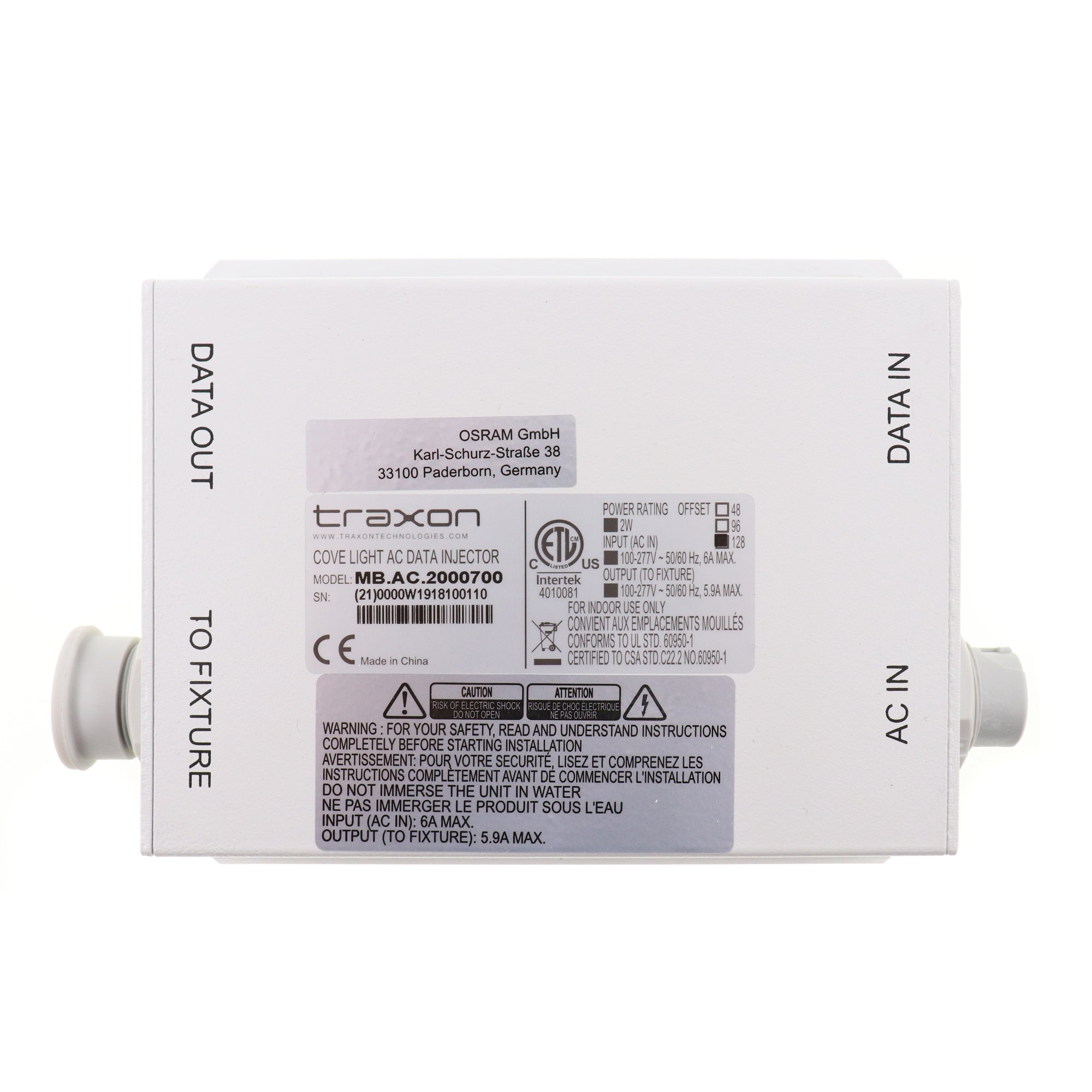 Traxon MB.AC.2000700 Cove Light Ac Data Injector Module, 100-277V ...