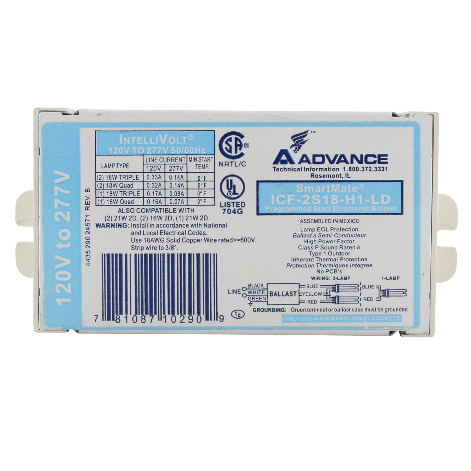 2s13 Advance ICF-2S18-H1-LD Compact Fluorescent Ballast, 2-LAMP, 18W, Cfl ...