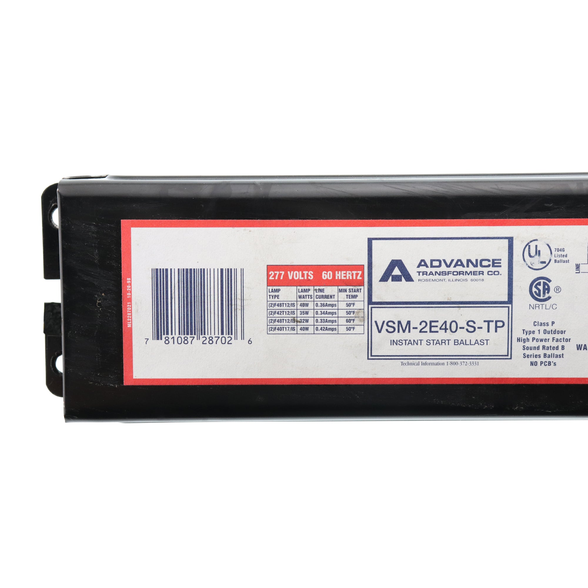 Advance VSM 2E40 S TP Fluorescent Ballast 2 Lamp T12 F48T12IS 48W 277V
