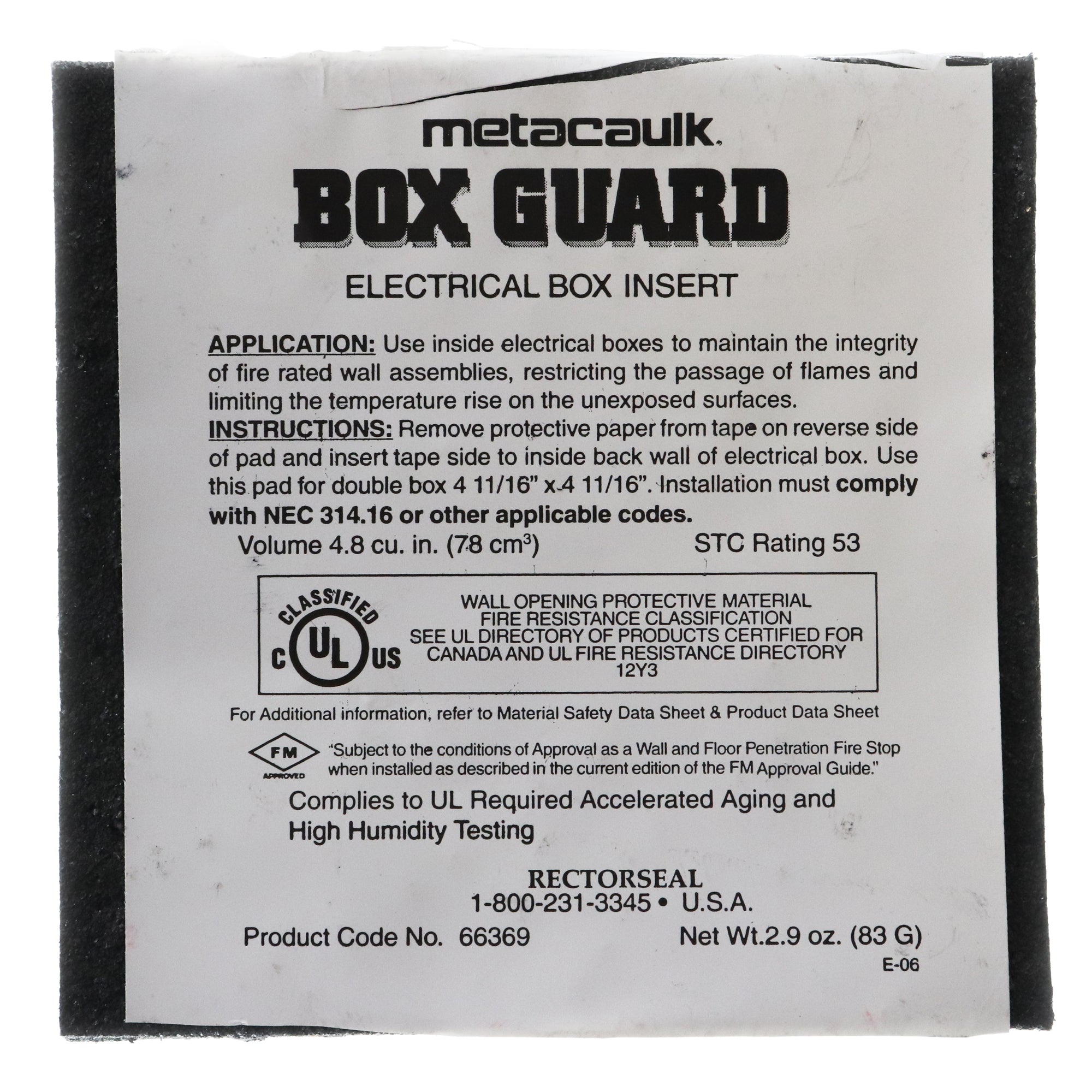 RECTORSEAL 66369 METACAULK ELECTRICAL-BOX FIRE-GUARD INSERT, 4-11/16 ...