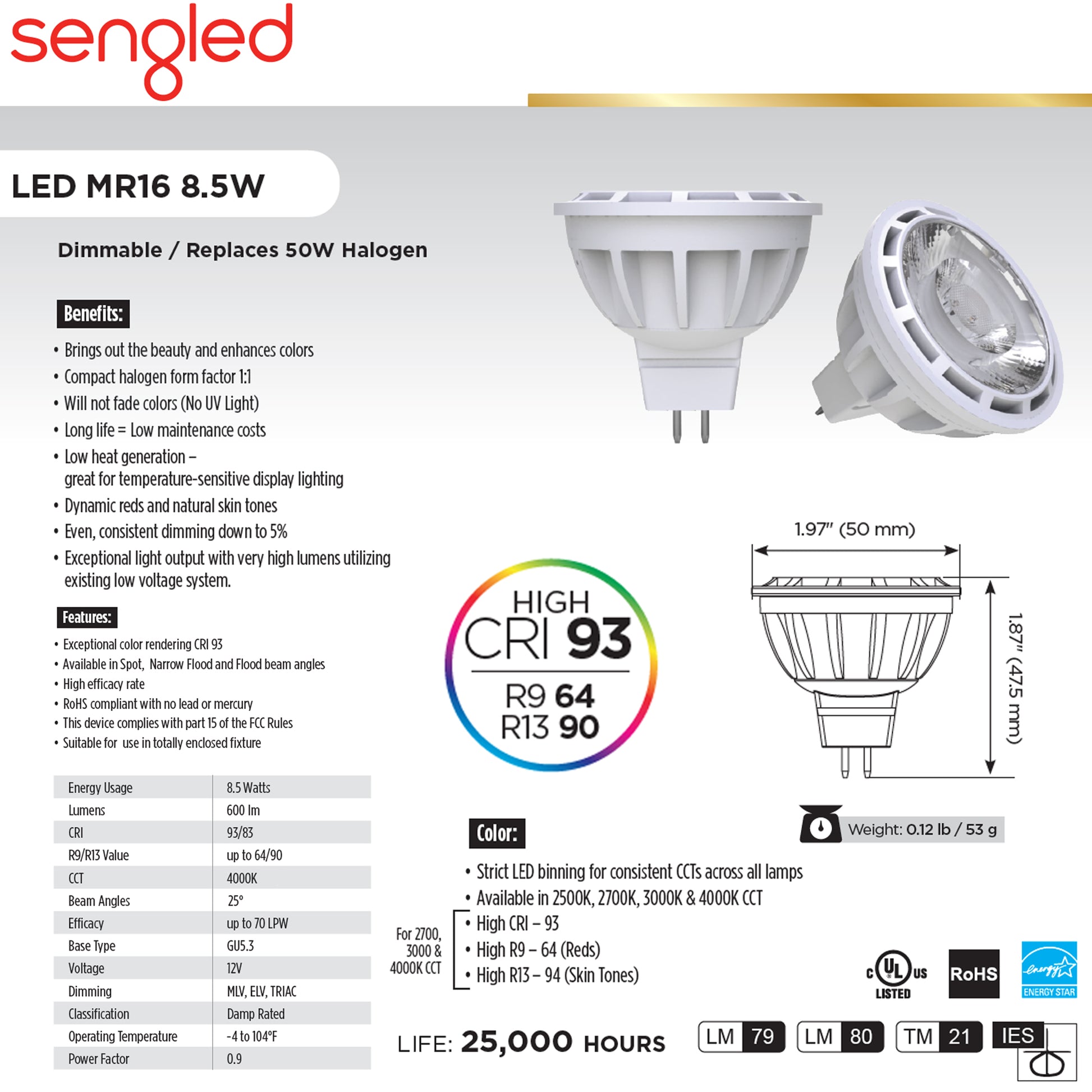 SENGLED DIMMABLE LED BULB, MR16 GU5.3, 12V, 8.5W, 600-LUMEN, 4K, 25° ( –  Toomanyamps